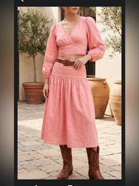 A new day long sleeve eyelet top and tiered eyelet midi skirt set sz medium NWT